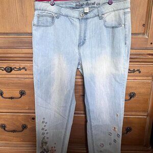 Indigo Thread Co Pale Blue Embroidered Straight Leg‎ w Floral Details